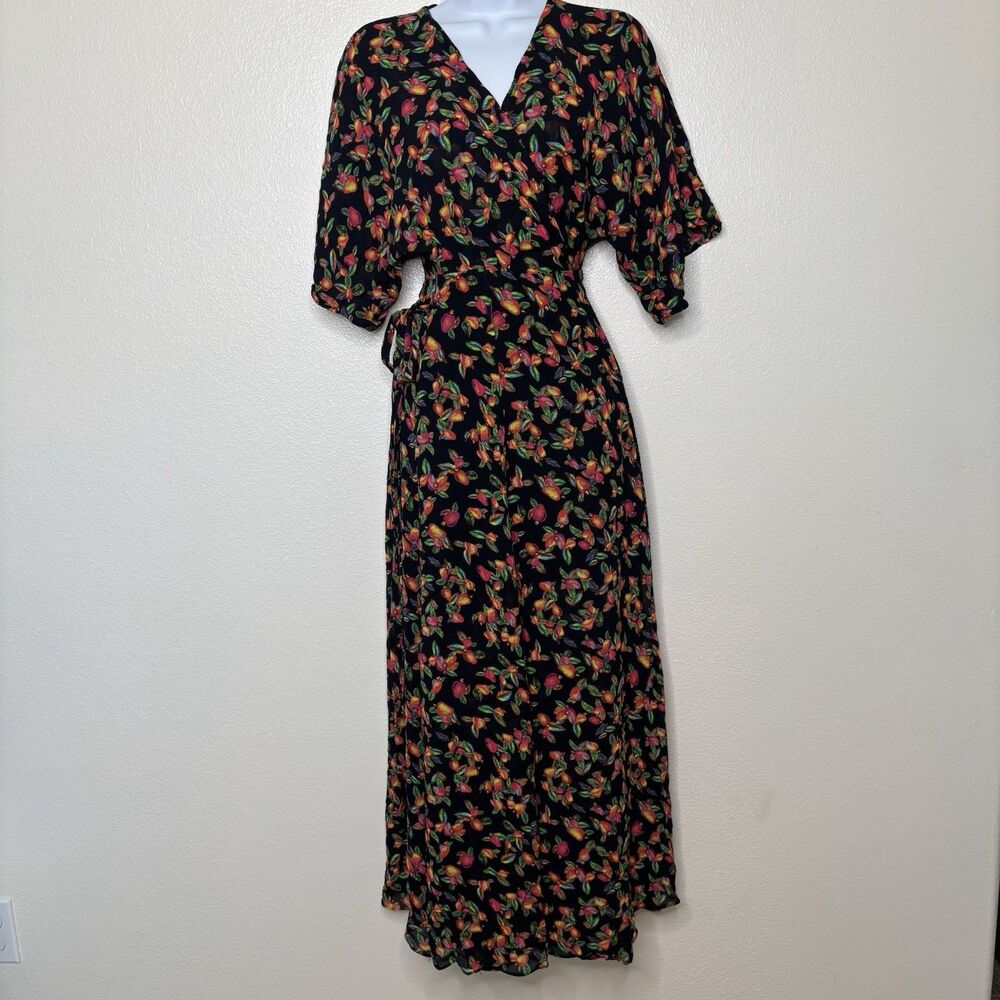 Farm Rio Anthropologie Black Multicolor Floral Cashew Print Wrap Maxi Dress XS - Picture 3 of 8